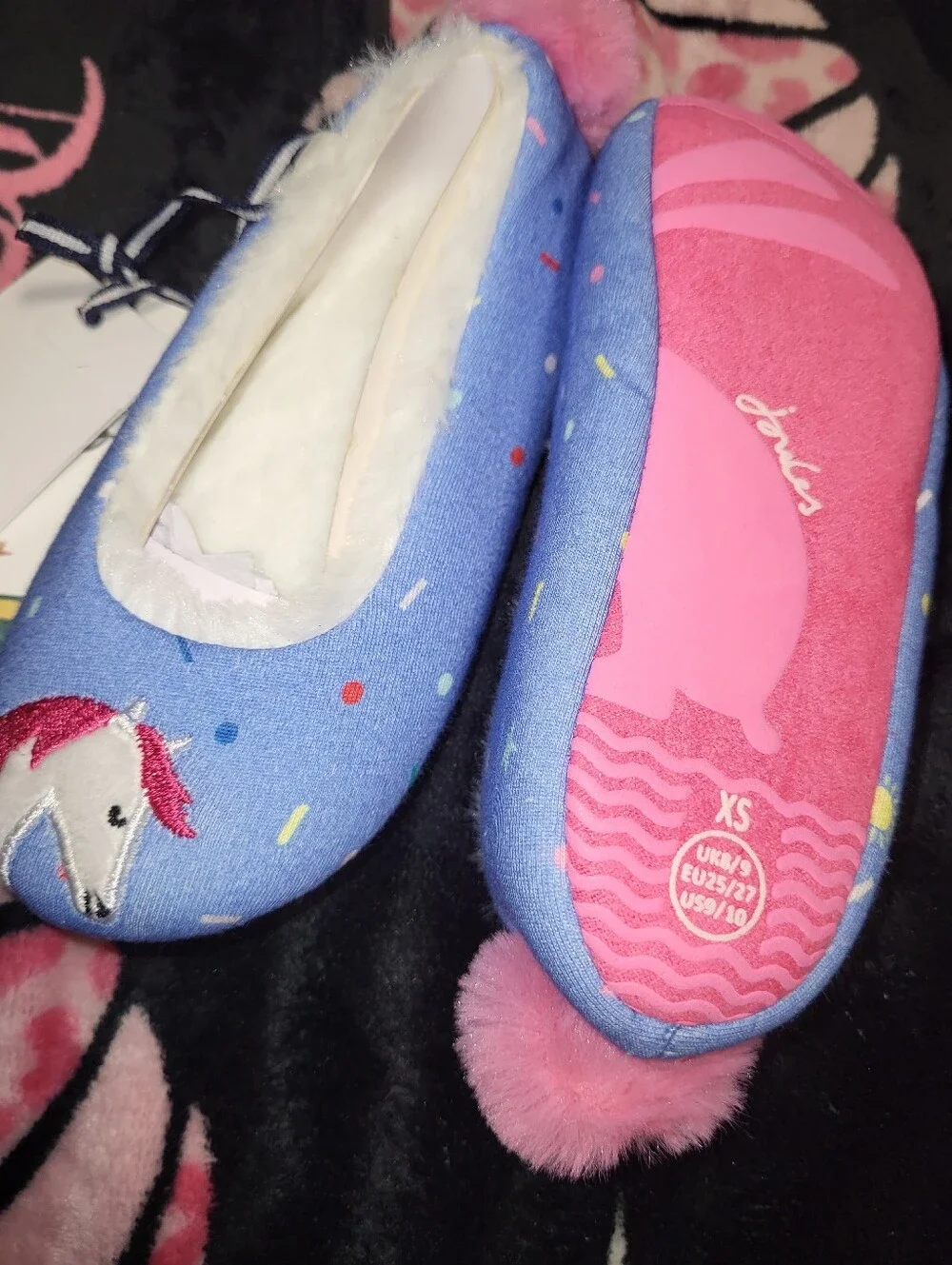 Joules Blue Unicorn Kids Slippers with Pink Pom